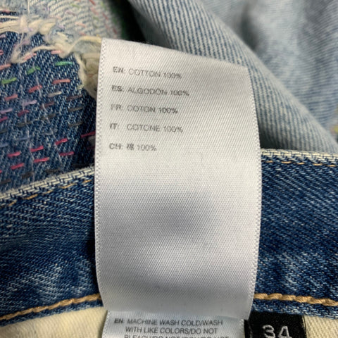 JOHN ELLIOTT Size 34 -Daze Opal Sashiko- Blue Multi Color Embroidery Cotton Jeans