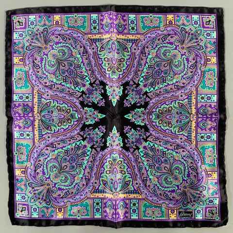 BRIONI Black Purple Paisley Silk Pocket Square
