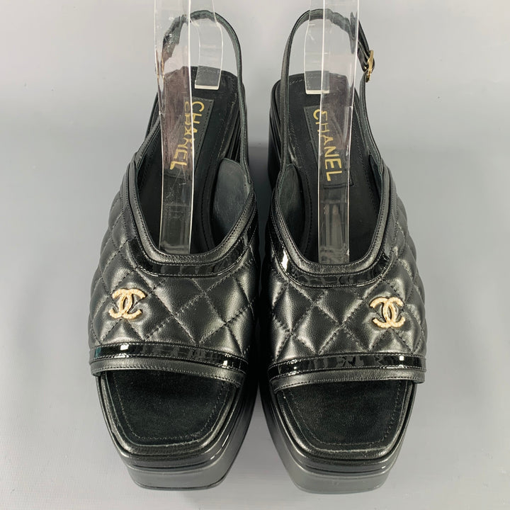 CHANEL Size 9 Black Leather Quilted Platform Sandals