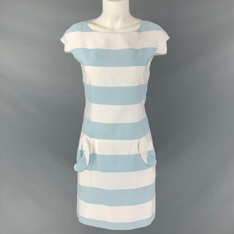 MOSCHINO Talla 4 Vestido sin mangas a rayas de algodón y poliéster azul claro y blanco