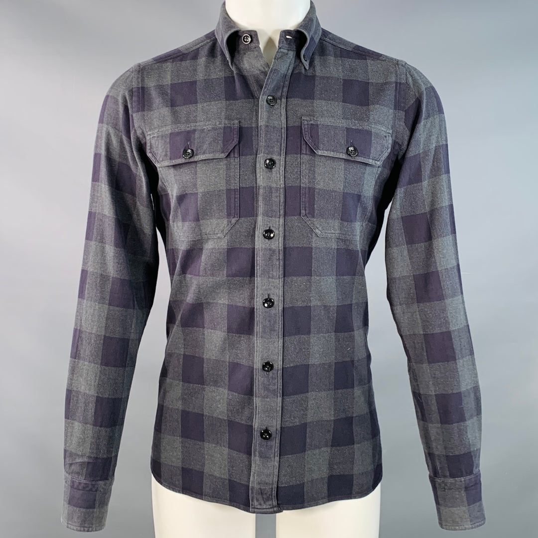 TOM FORD Size S Navy Grey Checkered Cotton Button Down Collar Long Sleeve Shirt