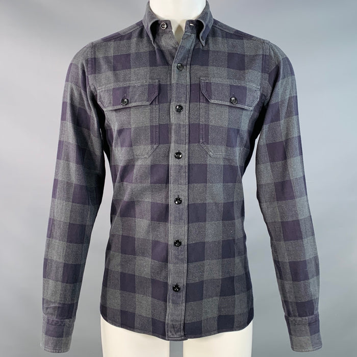 TOM FORD Size S Navy Grey Checkered Cotton Button Down Collar Long Sleeve Shirt
