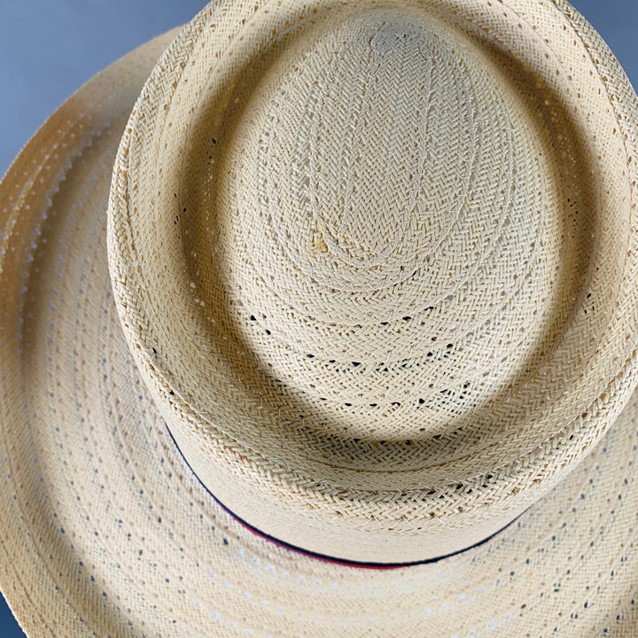 VINTAGE Size L Beige Navy Red Ribbon Trim Woven Straw Hat