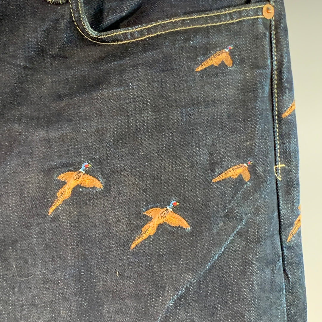 RRL by RALPH LAUREN Size 36 Indigo Cotton Selvedge Twill Straight Embroidered Birds Jeans