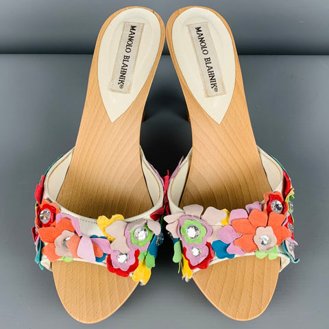 MANOLO BLAHNIK Size 8 Multi Color Suede Floral Applique Clog Sandals