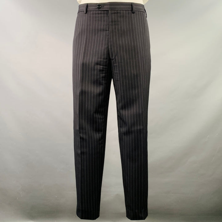 ARMANI COLLEZIONI Size 44 Long Black White Pinstripe Wool Peak Lapel Suit
