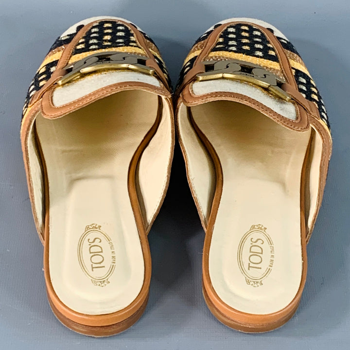 TOD'S Size 11 Tan Multi Color Canvas Abstract Chain Buckle Slip On Flats