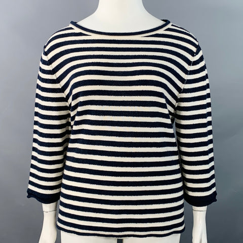 THE ROW Size L Navy White Cashmere Cotton Silk Blend Terry Reverse Seams Pullover