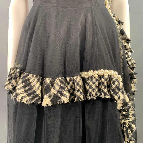 SIMONE ROCHA Size 6 Black White Viscose Blend Mesh Faux Pearls Plaid Trim Sleeveless Cocktail Dress