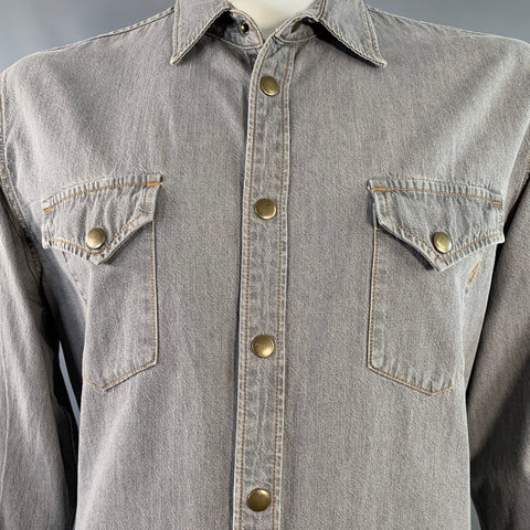 BILLY REID Size XL Shoals Grey Contrast Stitch Cotton Snaps Long Sleeve Shirt