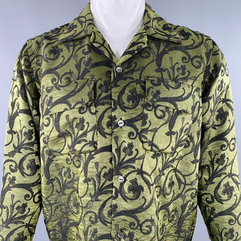 NEEDLES Size S Green Black Embroidery Rayon Blend Lamé 2 Pockets Long Sleeve Shirt