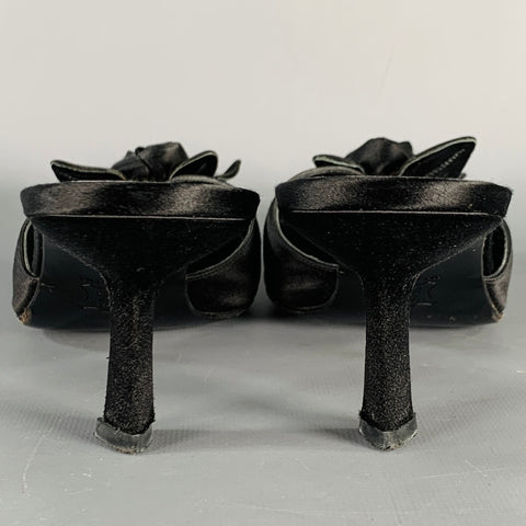 RICHARD TYLER Size 9.5 Black Satin Floral Kitten Heel Mule Sandals
