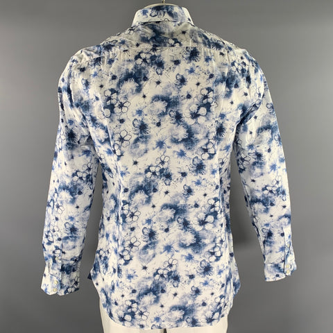 TED BAKER Size L Blue White Floral Cotton Button Up Long Sleeve Shirt
