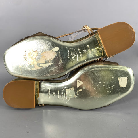 PRADA Size 9 Olive Gold Silk Metallic Leather Trim Strappy Sandals