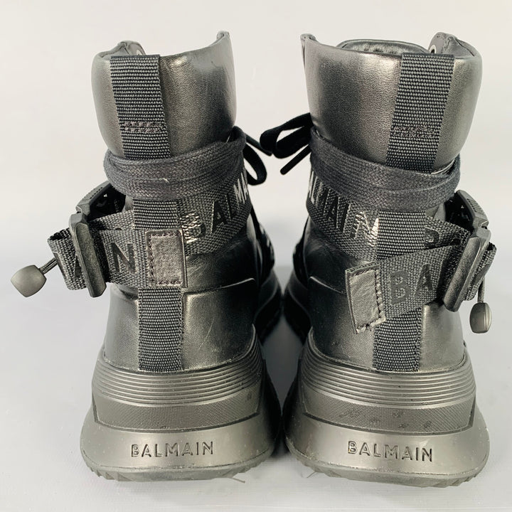 BALMAIN Size 9 B-Troop Black Leather High Top Webbing Sneakers