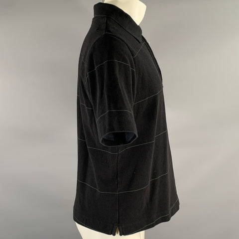 BURBERRY Size S Black Green Stripe Cotton Blend Zip Up Polo