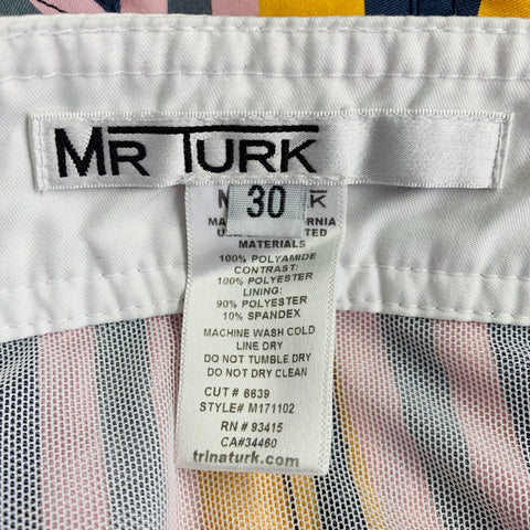 MR TURK Size 30 Multi Color Stripe Polyester Contrast Trim Mesh Swim Trunks