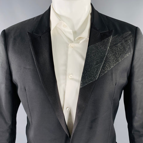 DSQUARED2 Size 40 Black Glitter Wool Silk Peak Lapel Sport Coat