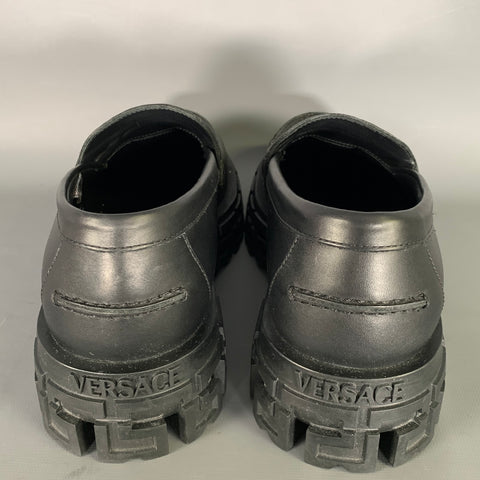 VERSACE Size 9 Black Gold Textured Leather Platform Loafers