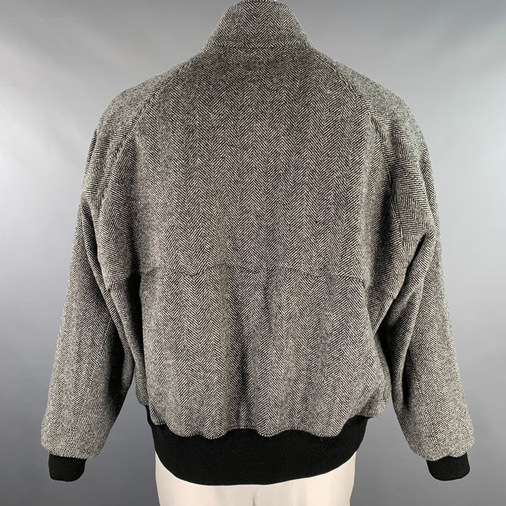 BARACUTA Size 42 Black Grey Herringbone Wool Harrington Jacket