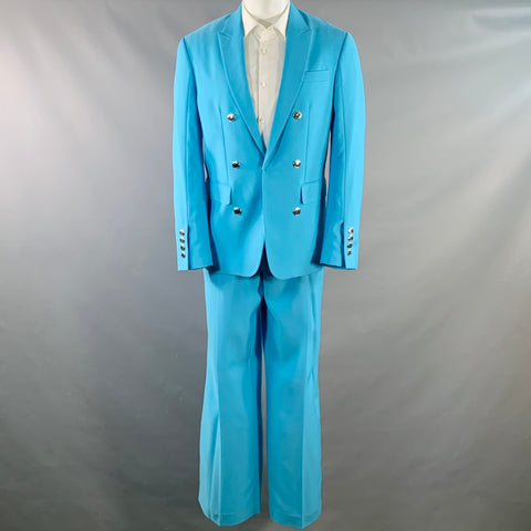 BURBERRY Size 38 Aqua Wool Peak Lapel Double Breasted Suit