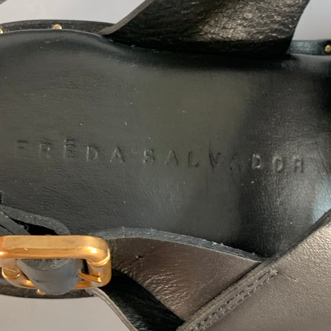 FREDA SALVADOR Size 9.5 Black Leather Chunky Heel Cage Sandals
