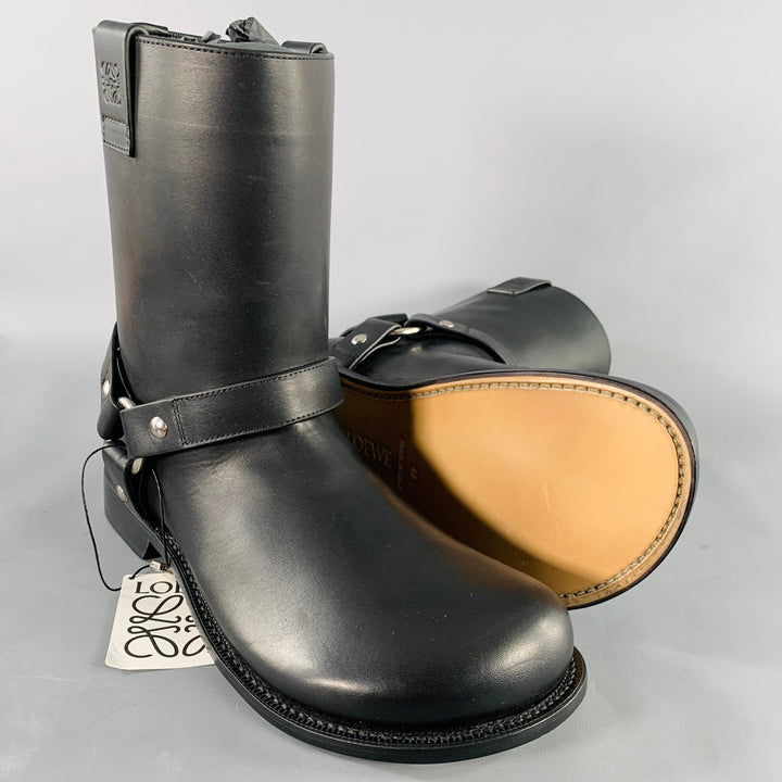 LOEWE Size 9 Campo Black Silver Harness Leather Pull On Boots