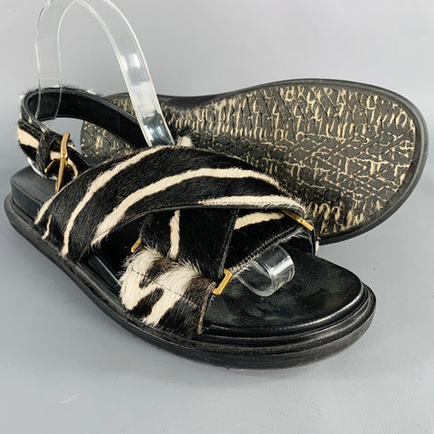 MARNI Size 8 Black White Calf Hair Zebra Sandals