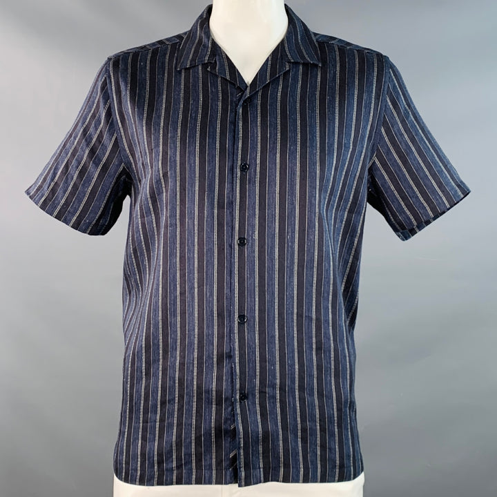 TED BAKER Size L Francoi Navy Black Stripe Linen Cotton Relaxed Camp Short Sleeve Shirt