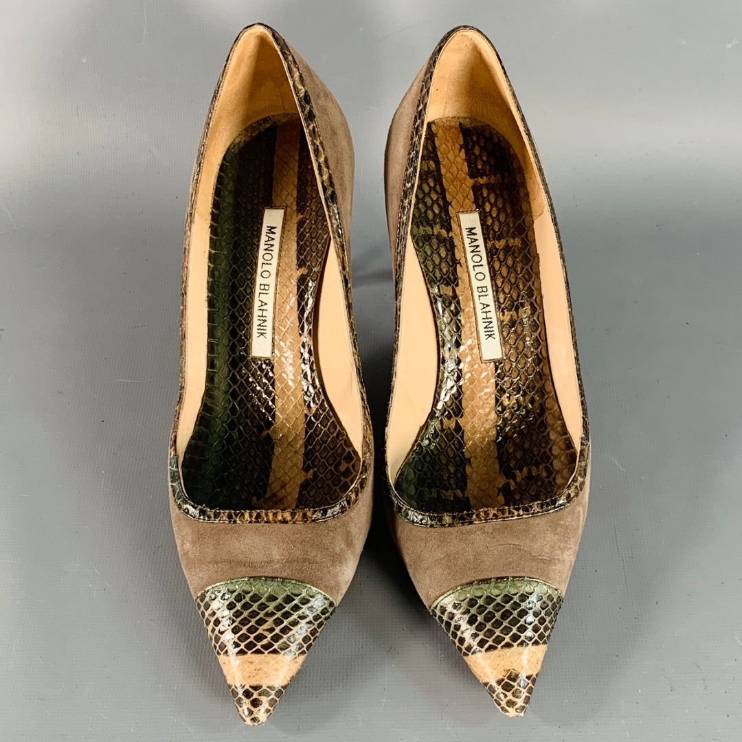 MANOLO BLAHNIK Size 8 Tan Brown Suede Snakeskin Cap Toe Pumps