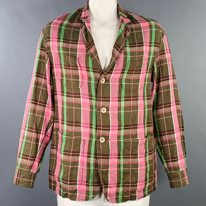 45rpm Size XL Pink Brown Green Plaid Linen Notch Lapel Jacket