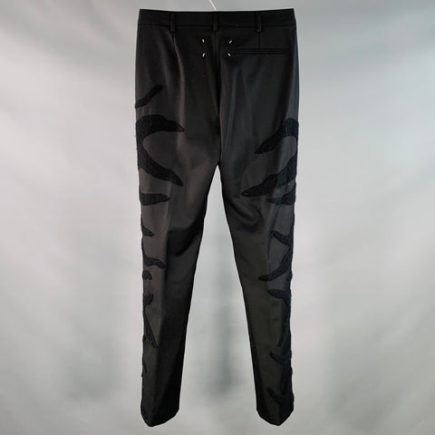 MAISON MARTIN MARGIELA Size 28 Black Twill Wool Flames Flat Front Dress Pants