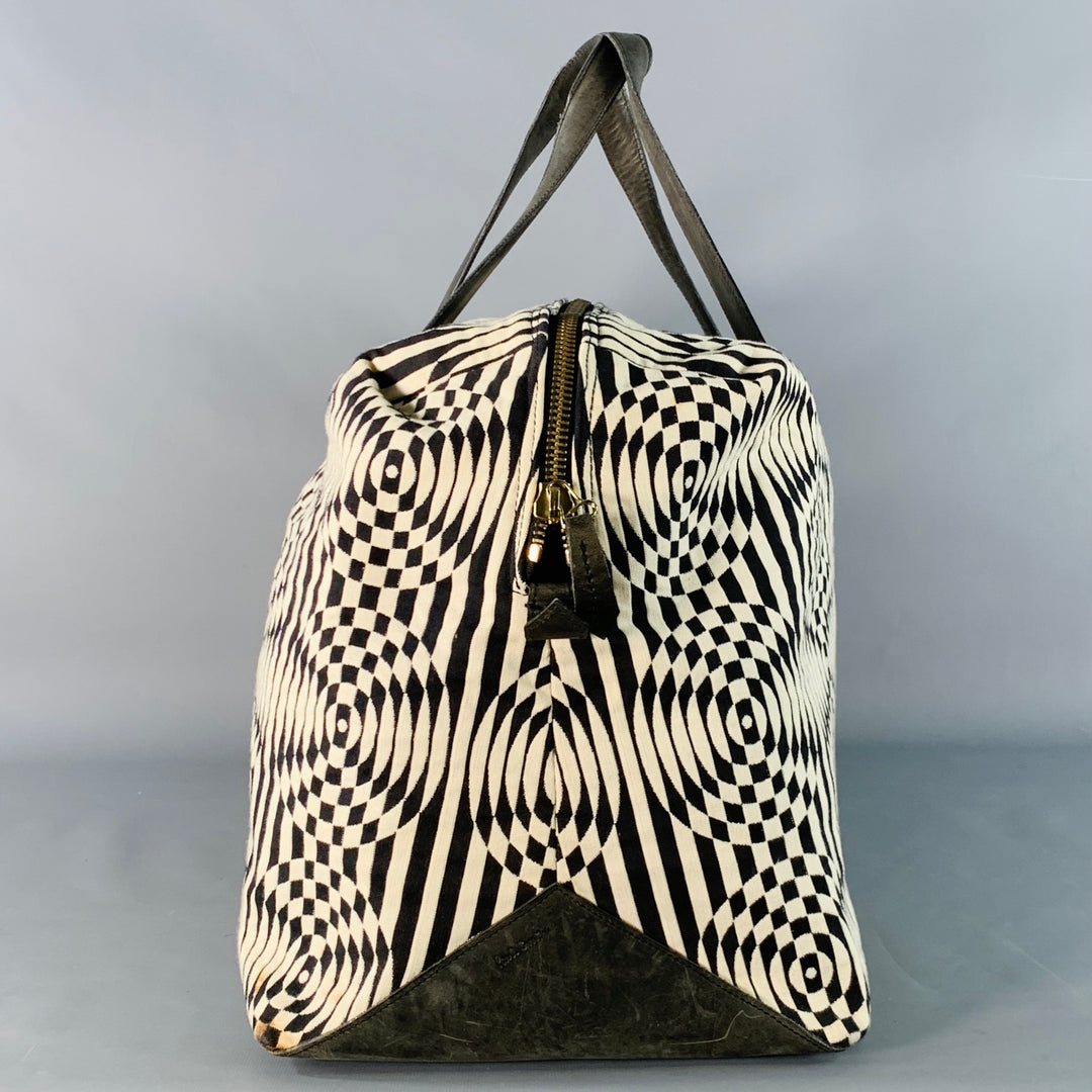 PAUL SMITH Black White Geometric Leather Trim Canvas Weekender Bag