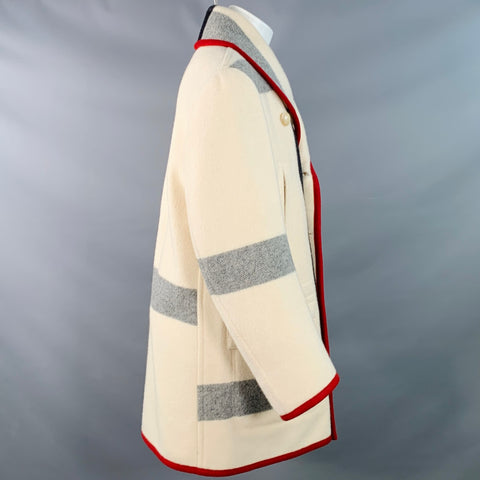 YVES SAINT LAURENT Vintage Size 40 Cream Red Plaid Wool Mohair Double Breasted Shawl Lapel Coat