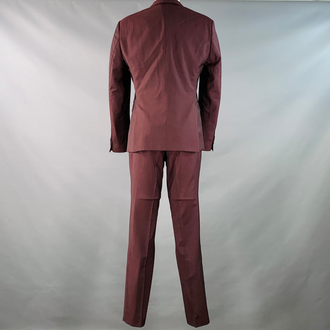 HUGO BOSS Size 40 Burgundy Virgin Wool Mohair Single Breasted Notch Lapel  Suit  Sui Generis Designer Consignment