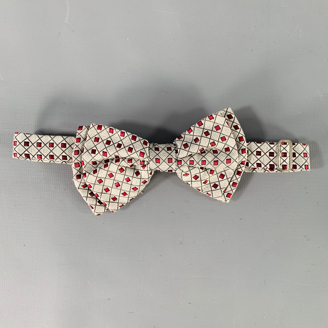 GIANNI VERSACE Silver Burgundy Squares Silk Bow Tie Cummerbund Set