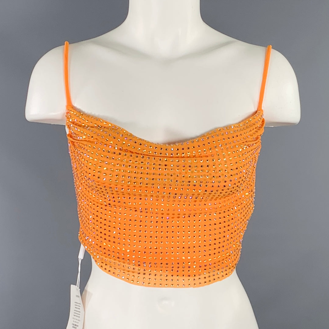 SELF-PORTRAIT Size 4 Hotfix Orange Silver Viscose Blend Rhinestones Cropped Dress Top Sui Generis Designer Consignment SELF-PORTRAIT Size 4 Hotfix Orange Silver Viscose Blend Rhinestones Cropped Dress Top Sui Generis Designer Consignment