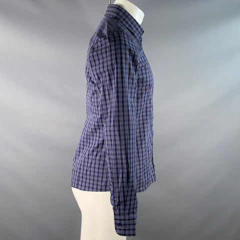 LA CAMICERIA Size M Navy Multi-Color Plaid Cotton / Elastane Long Sleeve Shirt