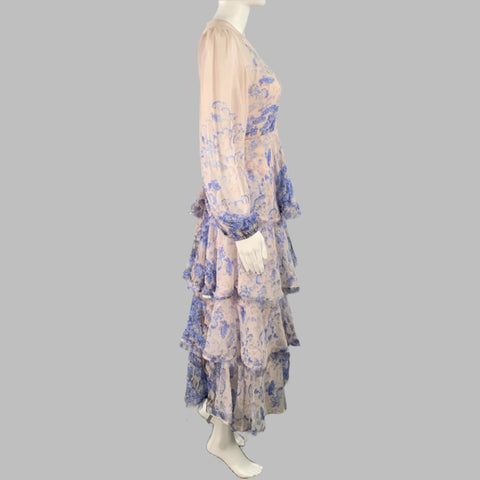 ZIMMERMANN Size S Blue Lilac Cotton Silk Floral Tiered Long Sleeve Dress
