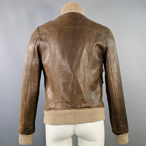 DANIELE ALESSANDRINI Size S Brown Ribbed Leather Bomber Jacket