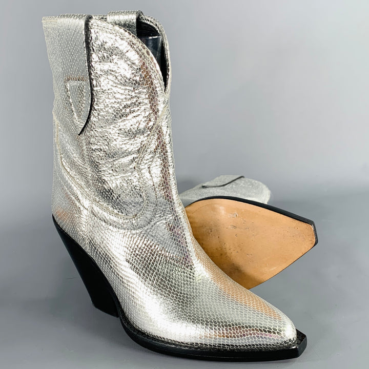 ISABEL MARANT Size 7 Silver Leather Textured Snake Embossed Leather Western Boots