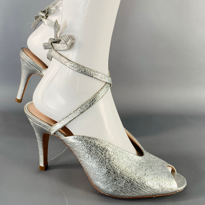 LOEFFLER RANDALL Size 8 Metallic Silver Crinkled Leather Ankle Strap Pumps