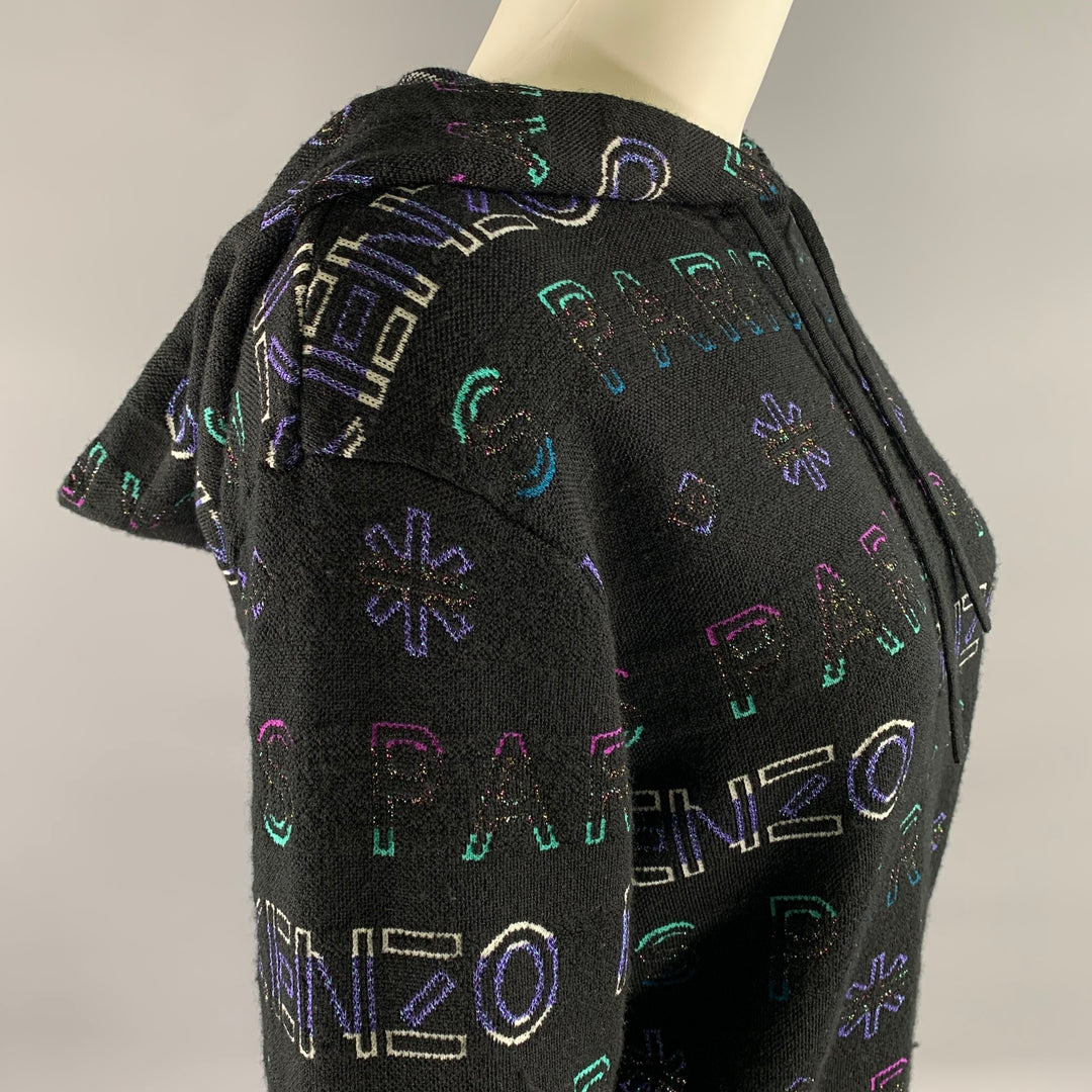KENZO Size S Black Metallic Wool Blend Logo Cropped Hoodie
