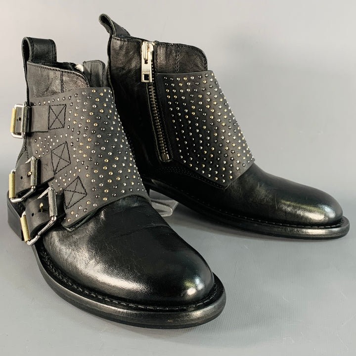 ZADIG & VOLTAIRE Size 8 Laureen Flap Black Studded Leather Belted Side Zipper Boots