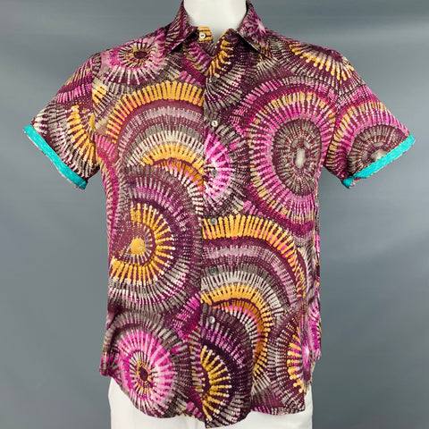ROBERT GRAHAM Talla L Camisa de manga corta de seda con teñido anudado multicolor morado