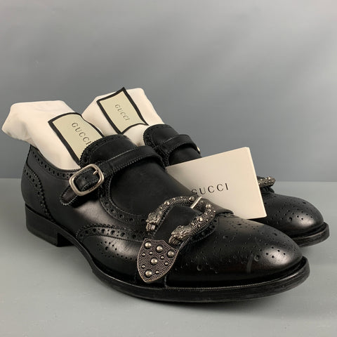 GUCCI Size 11.5 Black Wingtip Leather Double Monk Strap Loafers