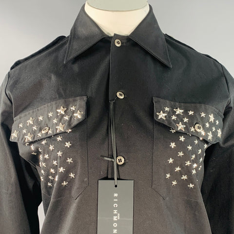 JOHN RICHMOND Size L Black Silver Cotton Blend Studded Stars Two Pockets Shirt