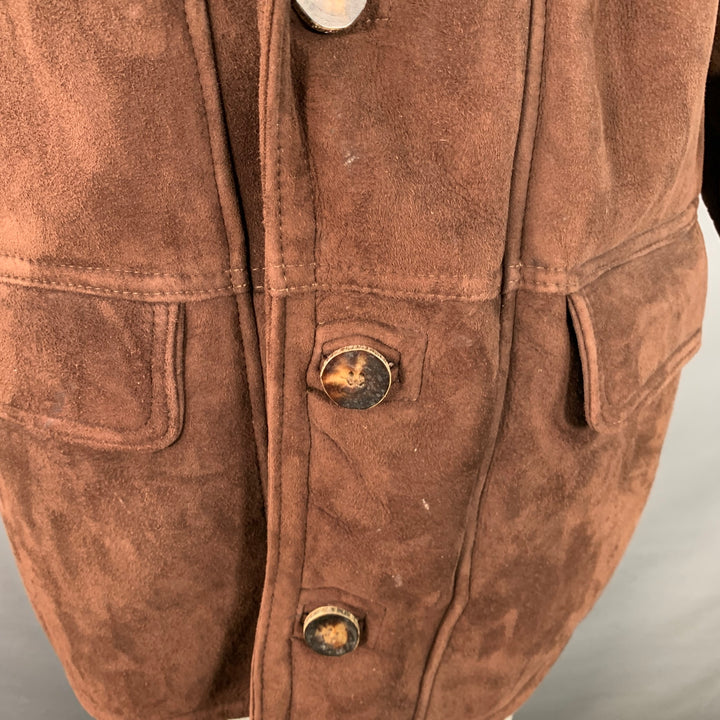 ORVIS Size L Brown Suede Shearling Lined Zip Buttons Coat