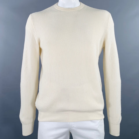 LORO PIANA Size L Cream Ribbed Cashmere Crew Neck Pullover