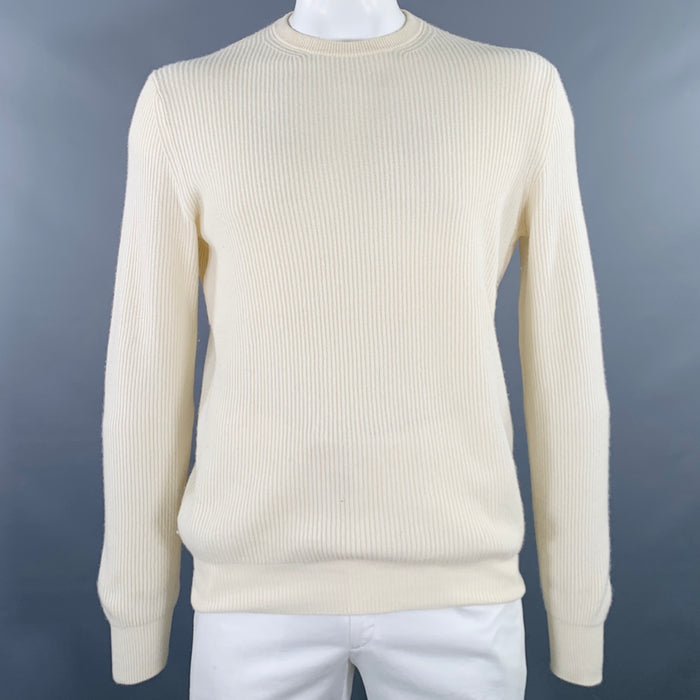 LORO PIANA Size L Cream Ribbed Cashmere Crew Neck Pullover